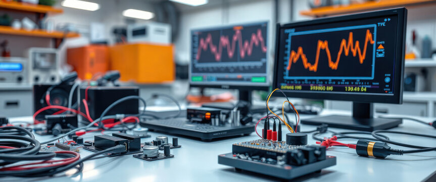 Technicians work in lab. Electrical circuit test set. Electronic components. Multiple monitors show data. Testing tech equipment. Modern lab setting. Engineers perform electrical testing. Close-up