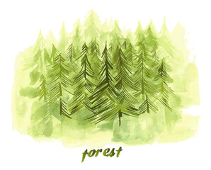 Watercolor Forest landscape background. Beautiful watercolor nature landscape with mountains and forest.Watercolor illustration design elements for landscape background and wallpaper.