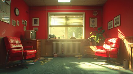 Cozy Retro Living Room with Red Walls, Mid-Century Furniture, and Vintage Decor Capturing a Nostalgic Ambiance