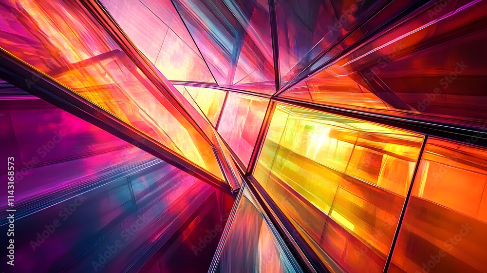 Poster a vibrant abstract design showcasing colorful light reflections through angular glass shapes, creati