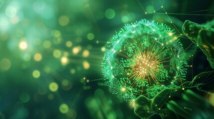 Obraz premium Intricate glowing green patterns depicting a digital network, set against a lush natural background, offering a blend of organic and technological themes. AI generated.