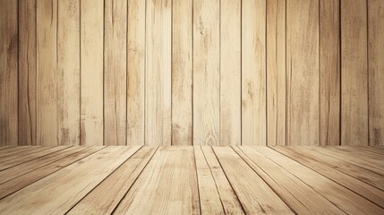 Naklejka premium A warm, rustic wooden interior with a textured wall and floor, ideal for backgrounds or cozy settings.