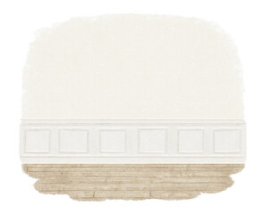 Watercolor vintage cozy empty room in beige tones with light monochromatic wall, white panels and wooden floor isolated on white background. Hand drawn illustration sketch