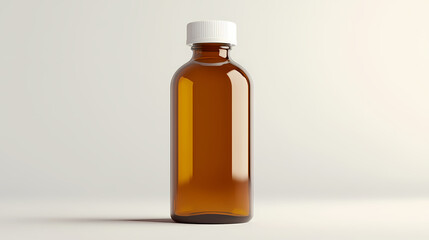 A clear amber glass bottle with a white lid, ideal for storing laboratory liquids or pharmaceuticals in a clean environment. Amber. Illustration