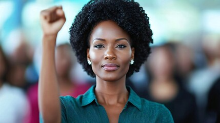 Fototapeta premium Black History Month Determined Black Woman Raises Fist in Solidarity