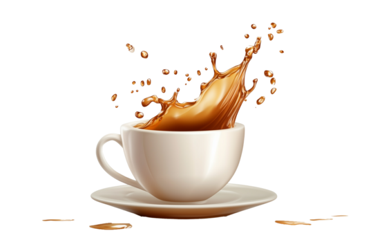 Cup of coffee with splash isolated on transparent background