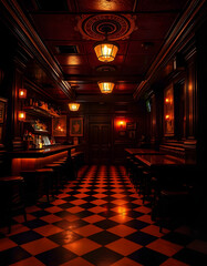 A dimly lit bar with a checkered floor, creating a cozy and nostalgic atmosphere, A 1920s Chicago speakeasy during prohibition, grunge, with white tones