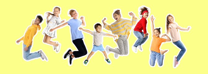 Happy kids with white outlines jumping on yellow background. Banner design
