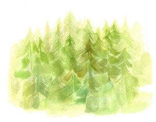 Watercolor forest landscape background. Beautiful watercolor nature landscape with mountains and forest.Watercolor illustration design elements for landscape background and wallpaper.