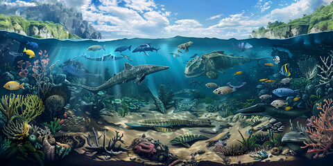 Vibrant Underwater Ecosystem with Marine Life, Coral Reefs and Diverse Sea Creatures