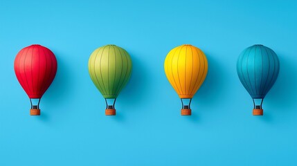 Naklejka premium Four colorful hot air balloons arranged in a row on a blue background.
