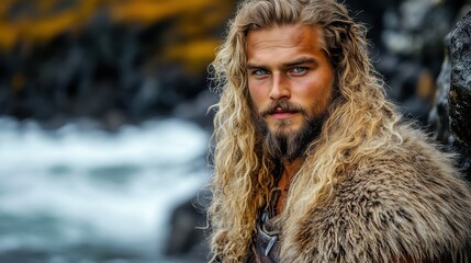A man with long, wavy hair and a beard poses near a rocky coast. Dressed in fur clothing, he gazes into the distance while waves crash in the background, creating a wild atmosphere