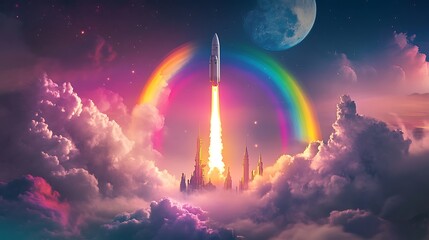 Rocket Launches Through Rainbow Clouds Towards Distant Planet