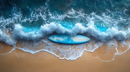 Fototapeta premium Surfboard on sandy beach with ocean waves.