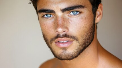 Naklejka premium A young man stands close to the camera, highlighting his vibrant blue eyes, smooth skin, and well-defined facial features, exuding confidence and charm
