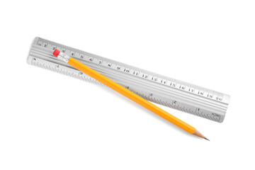 Ruler and pencil isolated on white, top view