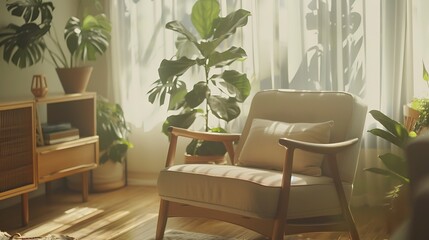 Scandinavian-style living room with light wooden furniture, neutral tones, and green indoor plants near the window,