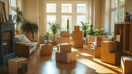 Bright living room filled with cardboard boxes, ready for moving day and new beginnings