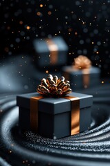 futuristic christmas decorations, radiant christmas gift boxes swirl against a futuristic black backdrop, creating a magical and wondrous scene