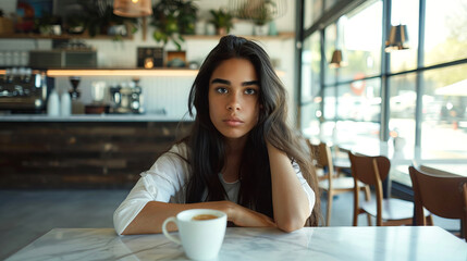 Young Hispanic woman sitting in a modern cafe with a cup of coffee, looking sad and contemplative. Concept of sadness, loneliness, quiet reflection, modern urban cafe interior