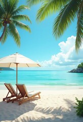 Obraz premium Two wooden lounge chairs sit beneath a straw umbrella on a sandy beach. The tranquil sea reflects a bright blue sky, while palm trees sway gently in the breeze. Ideal for relaxation. Generative AI