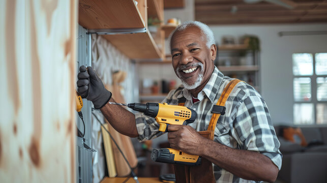 Smiling elderly African American man working with a yellow power drill in a modern workshop. Concept of craftsmanship, home improvement, DIY projects, and senior empowerment