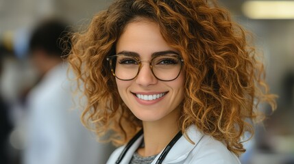 A healthcare professional with curly hair and glasses smiles warmly while wearing a stethoscope. The background shows a busy hospital environment, highlighting a moment of care and professionalism