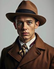 young man in vintage clothes with hat, 1940 style, on white, dramatic