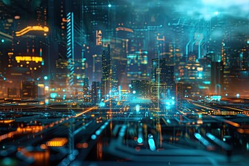 Fototapeta premium Futuristic city on electronic circuit background, development of modern digital technologies concept.