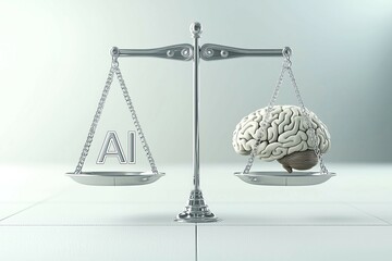 Balance between artificial intelligence and human brain depicted with scales in modern style, showing AI and brain concept for technology, innovation, and science design in metallic tones