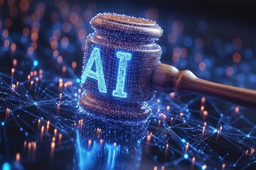 Close-up of judge's gavel with the inscription "AI" as concept symbolizing the application of artificial intelligence in legal practice for making sentences and decisions