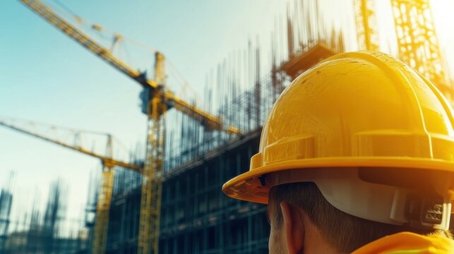 A construction worker in a yellow hard hat watches as cranes operate at a construction site during sunset. The skyline is filled with steel structures and activity