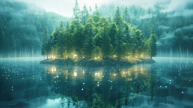Enchanting evergreen island gently floating in a serene misty lake at night surrounded by towering pine and spruce trees and illuminated by a soft