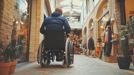 Obraz premium A person in a wheelchair moves slowly through a charming shopping arcade adorned with plants and unique shops. The setting is illuminated by soft, inviting light