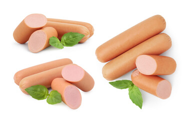 Tasty boiled sausages isolated on white, set. Top and side views