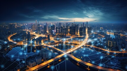 Futuristic cityscape with abstract tech integration, smart city concept, ample sky for text, twilight ambiance