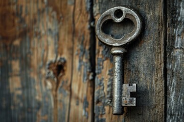 Rusty antique key is hanging on a weathered wooden door, suggesting mystery and secrets