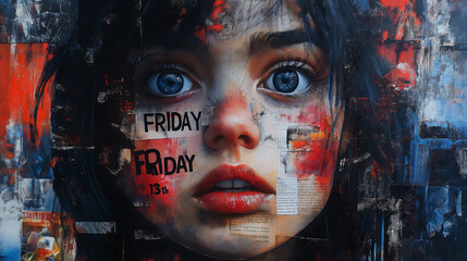 a collage artwork for a crazy card with the words " FRIDAY 13th", collage artwork, a contemporary artistic collage, maximalist magazine collage