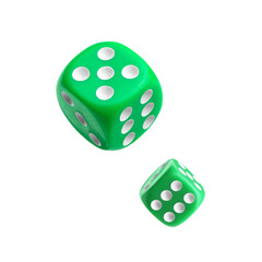 Two green dice in air on white background
