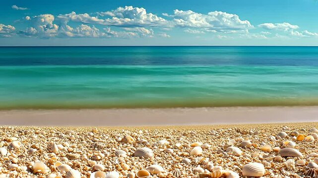 Tropical Beach Scene with Seashell Border and Clear Blue Sky