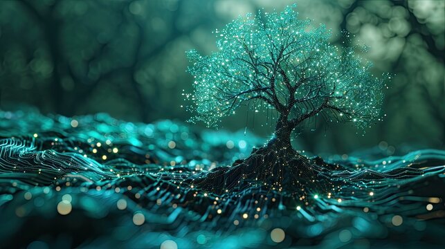 Futuristic digital tree with integrated circuit patterns as branches, symbolic of technology in harmony with nature,