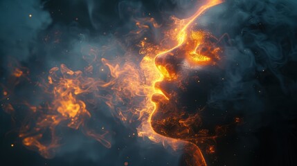Fototapeta premium Mesmerizing Artistic Representation of a Human Face Immersed in Ethereal Fiery Flames Contrasting with Surrounding Futuristic Smoke and Light