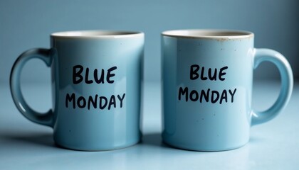 Two matching blue coffee mugs with "Blue Monday" text on a soft blue background