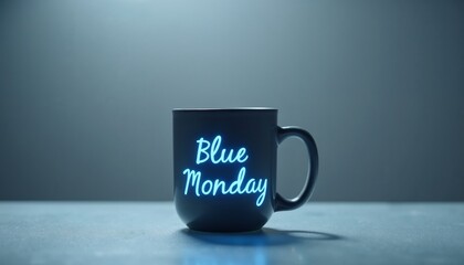 Matte black coffee mug with glowing neon "Blue Monday" text on a moody blue background