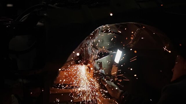 A man working as a Bulgarian cleans the metal.
sparks from welding metal at a construction site. Cutting and processing of metal parts.&nbsp;collision repairs service. mechanic grinding car body.
