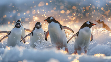 Pair of Gentoo Penguins Standing on Snowy Antarctic Landscape