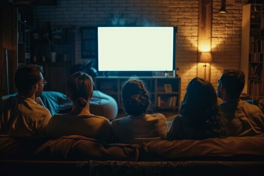 Group of friends sitting on a couch, watching television with blank screen