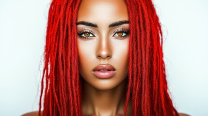 Fototapeta premium A woman with vivid red dreadlocks and captivating golden eyes stands serenely. Her glowing skin contrasts with the red, creating a bold and striking appearance
