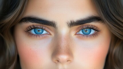 Fototapeta premium Close-up view highlights the mesmerizing blue eyes and bold eyebrows of a woman, capturing her natural beauty and engaging expression in soft lighting