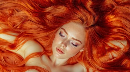 A woman with striking red hair lies on her back, her long hair cascading around her like a fiery halo. Soft light illuminates her serene expression